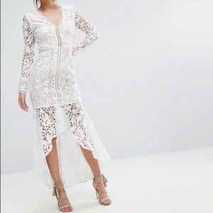 White Lace Long Sleeve Dress High Low Peplum